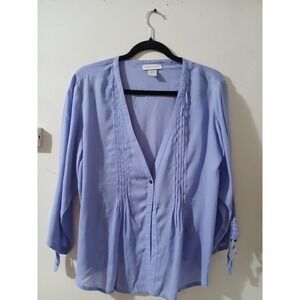 Nomadic Traders Womens Blue V Neck Pintuck Long Sleeve Rayon Blouse Top Size L